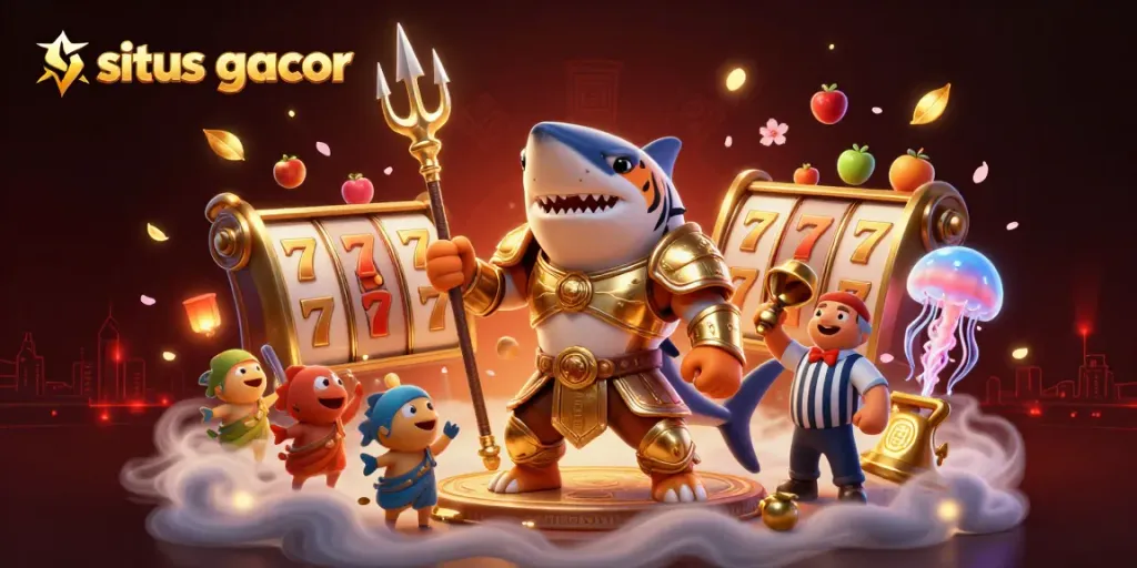 Permainan situs gacor dengan simbol slot keberuntungan yang berkilau dan karakter 3D karnaval.