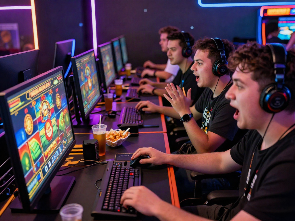Exciting bandar slot gaming scene with players engaged around a computer