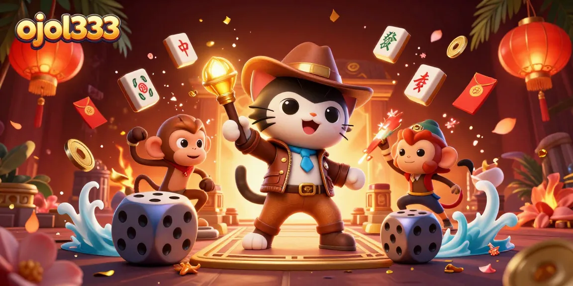 Experience the thrill of the ojol333 discovery with a cartoon cat and monkey in a vibrant casino scene.