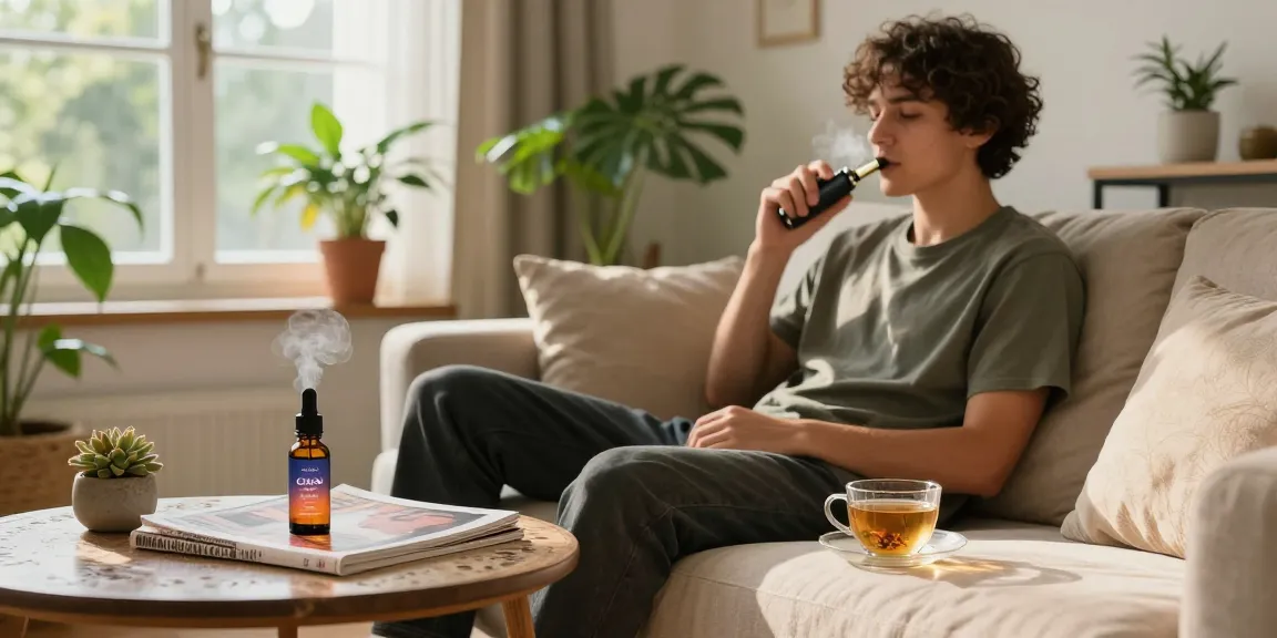 The legal age to vape in Cyprus shows a responsible vaping scene with CBD oil and a relaxing atmosphere in a cozy living room.