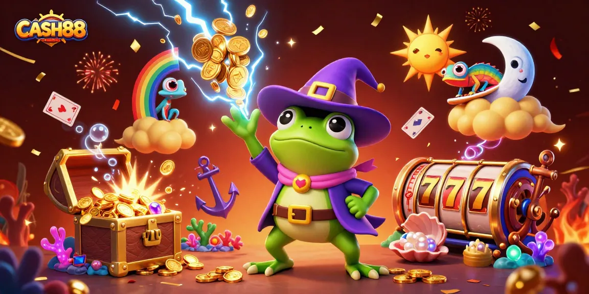 Experience the magic of CASH88 as a cartoon wizard frog conjures golden coins amidst vibrant casino elements.