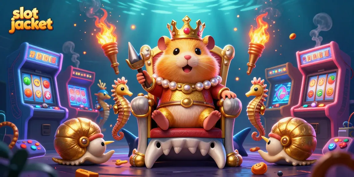 Slot jackpot menghadirkan ilustrasi 3D raja hamster emas dan permainan slot yang bersinar.