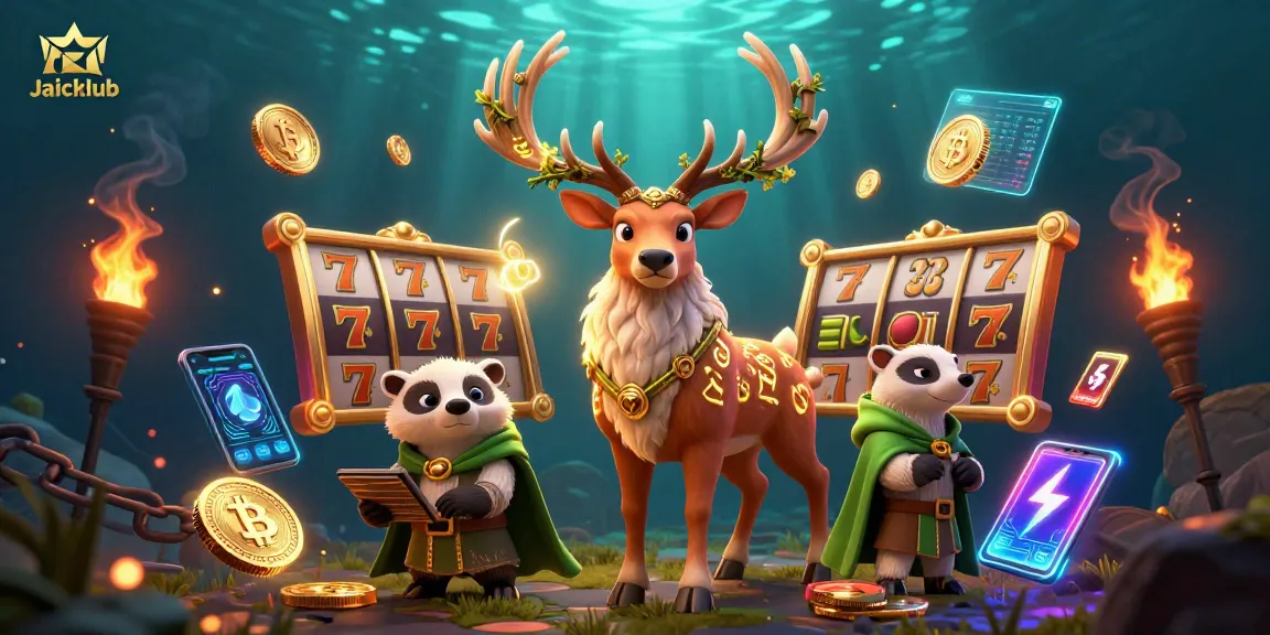 Engage with Jaiclub's vibrant gaming experience featuring slots and crypto elements in a fantasy illustration.
