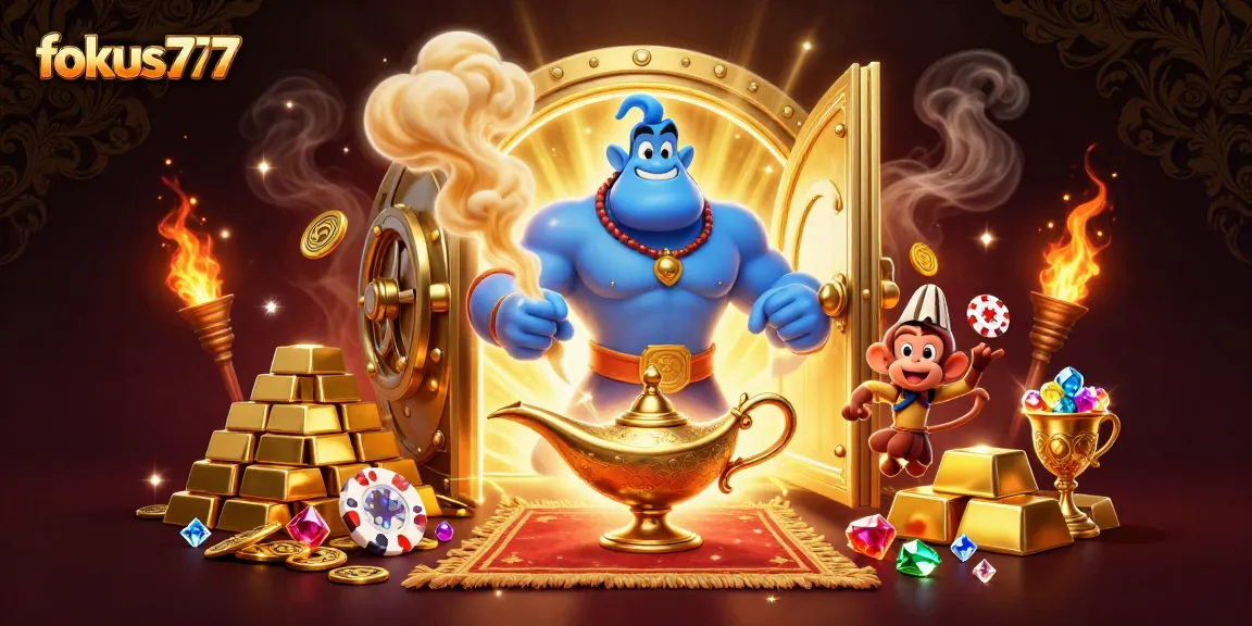 Experience the thrill of fokus777 with a vibrant 3D casino scene featuring characters, treasure, and gaming elements.