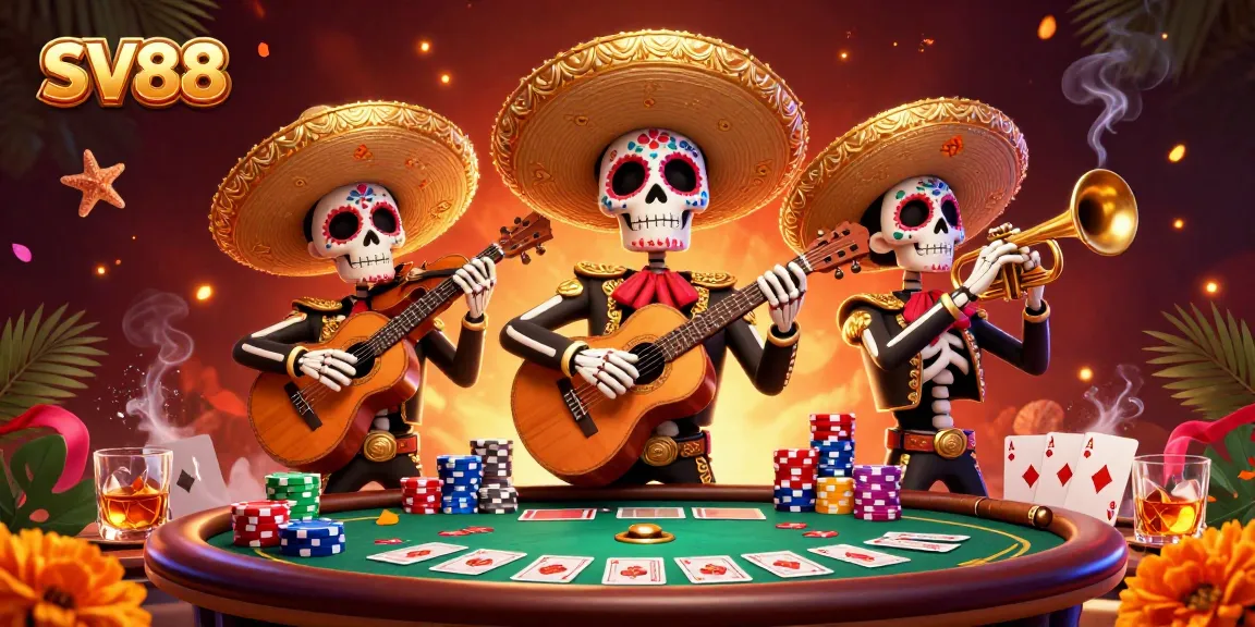 Experience poker excitement with SV88 in a vibrant 3D mariachi scene featuring dynamic game elements.