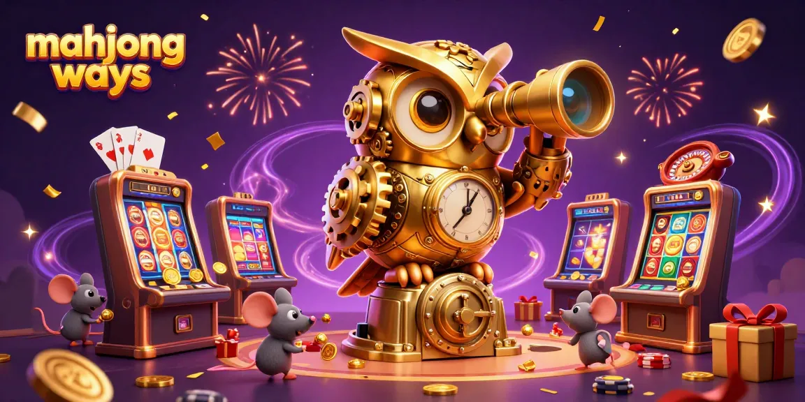 Explore mahjong ways with a whimsical 3D casino scene featuring a clockwork owl and lively casino elements.