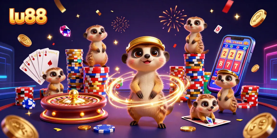 Meerkats running an elaborate casino operation, showcasing lu88 in action with vibrant visuals.
