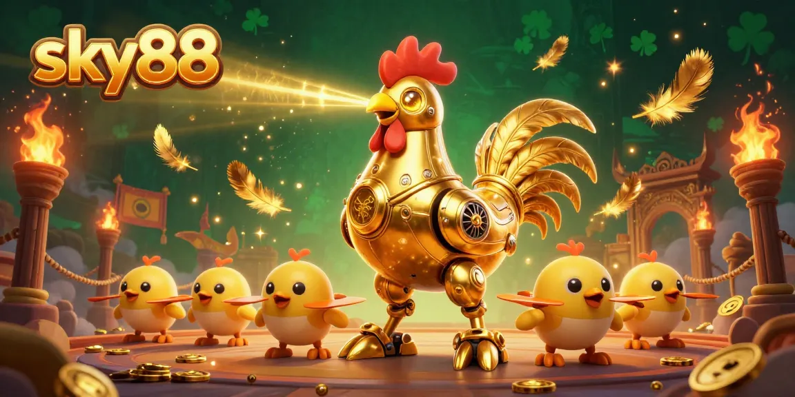Join the excitement at sky88 with a dynamic 3D illustration showcasing a futuristic rooster robot and golden gaming elements.