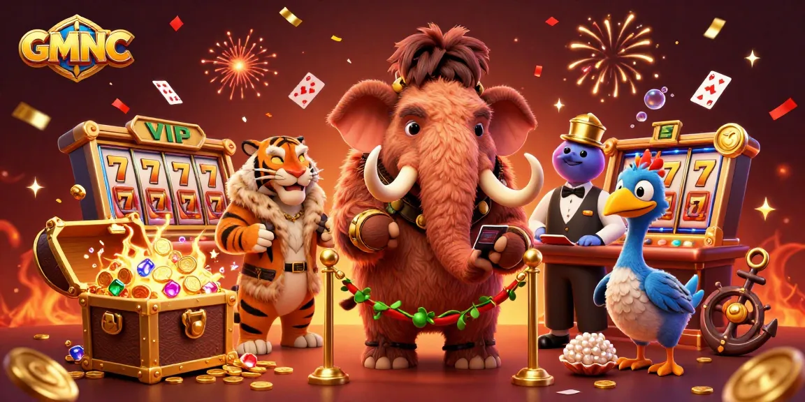 Experience GMNC's vibrant casino scene with a woolly mammoth bouncer and exploding treasure chest.