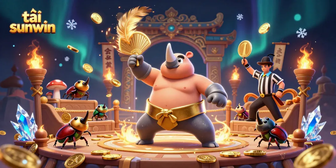 Experience thrilling gameplay with tải sunwin as a rhinoceros beetle sumo champion powers through a vibrant casino scene.