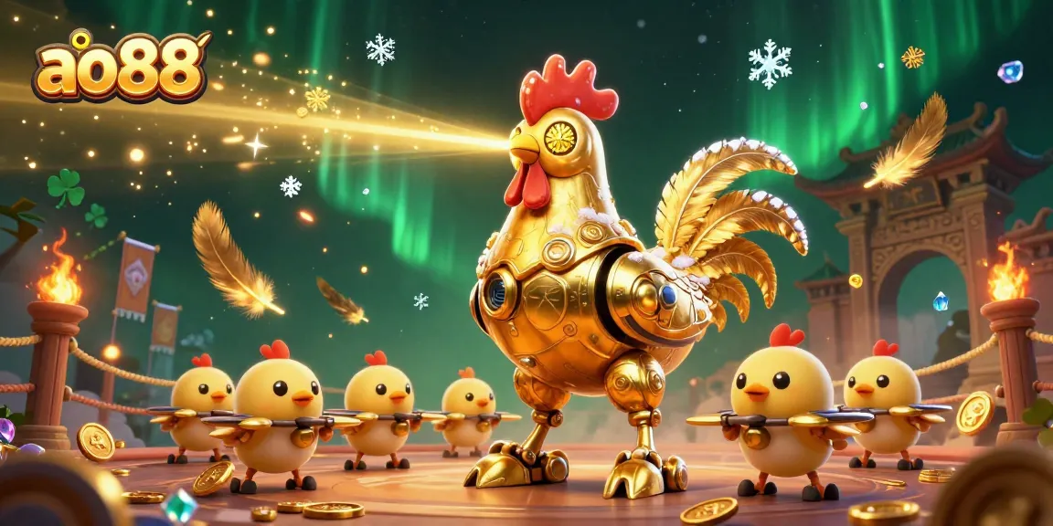 Engage with ao88's dynamic casino world, featuring a golden robot and drones in an energetic scene.