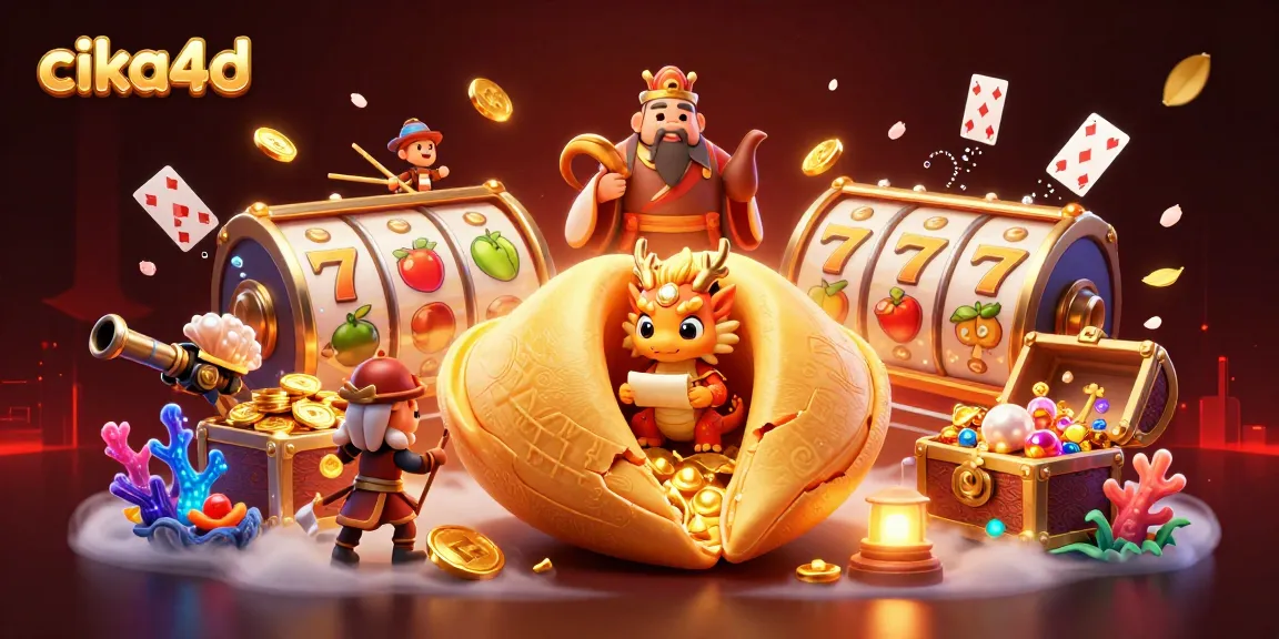Engage with exciting slot gameplay at cika4d, featuring a dynamic 3D illustration of a fortune cookie surrounded by vibrant casino elements.