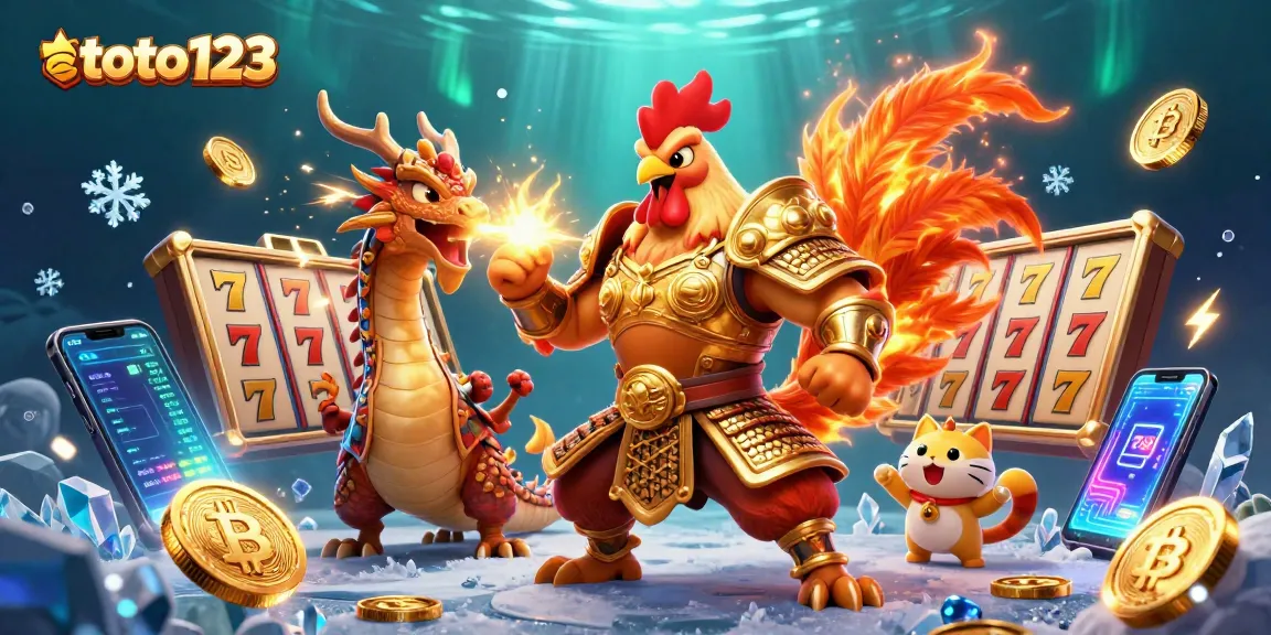 Toto123 players experience dynamic gameplay with a stunning rooster warrior and dragon amid glowing coins.