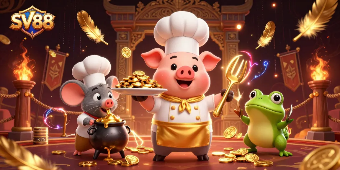 Experience the excitement of SV88 where a chef pig serves gold coins in a lavish 3D casino.