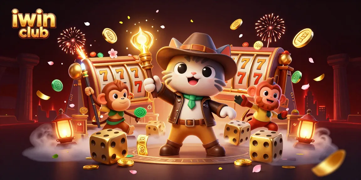 Engage with iwin club's vibrant casino atmosphere through a dynamic, playful scene featuring characters and golden visuals.