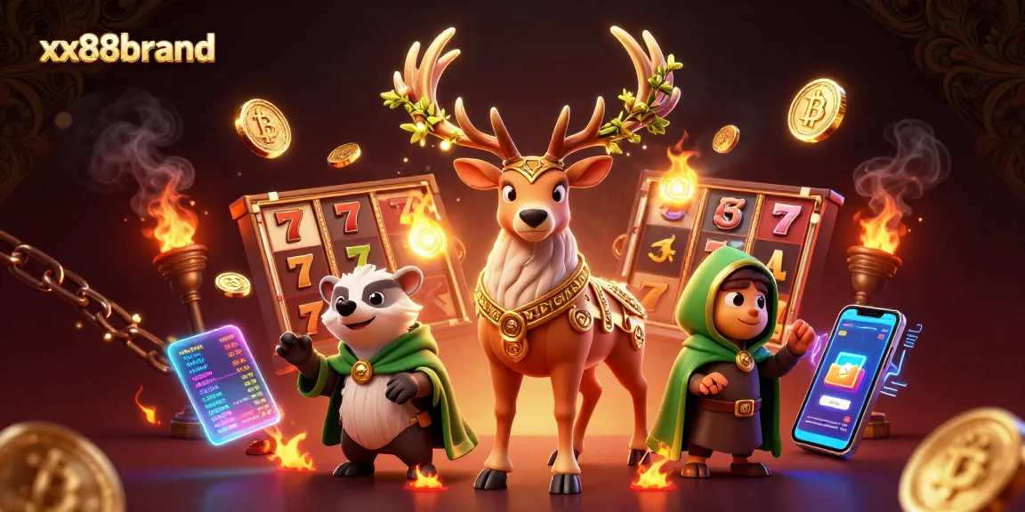 Experience winning strategies with xx88brand's vibrant casino illustration showcasing slot games and crypto elements.