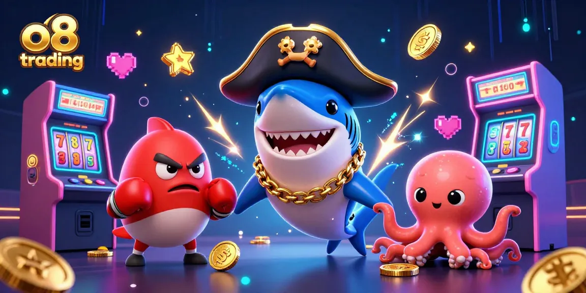 Experience thrilling o8 trading action with cartoon characters, casino elements, and vibrant visuals.