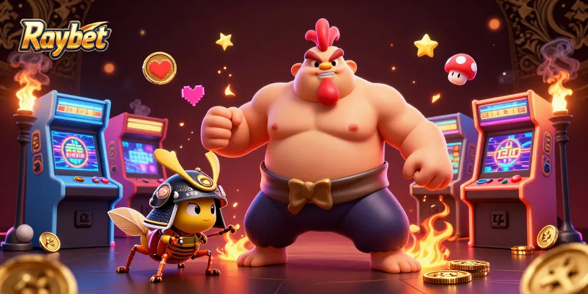 Raybet gamers enjoy thrilling action with an epic sumo wrestler, cricket, and tanuki in a vibrant casino scene.