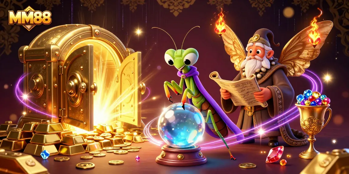 Engage with MM88 as a lively 3D illustration showcasing a fortune teller and librarian amidst vibrant casino treasures.