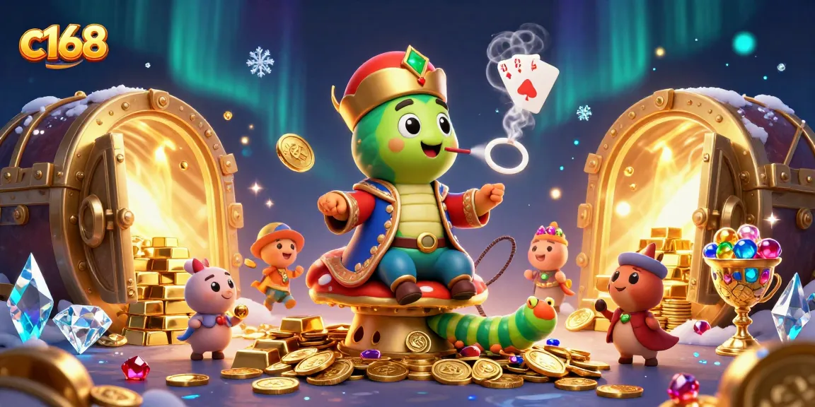 C168's vibrant casino illustration highlights a whimsical caterpillar symbolizing fortune, dynamic poker elements, and rich treasures.