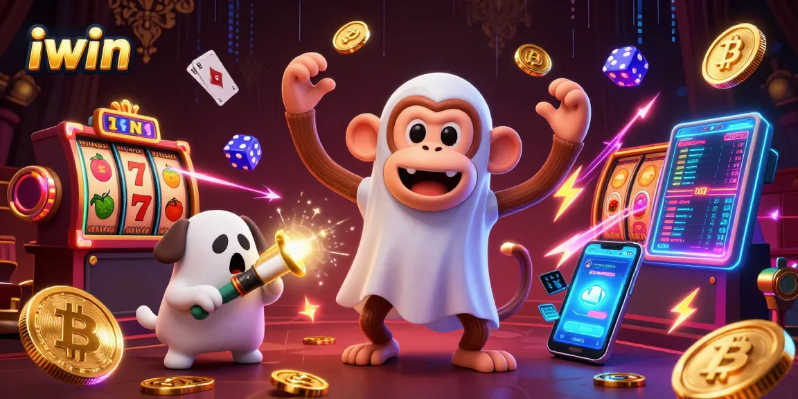 iwin showcases a haunted casino scene with a mischievous monkey juggling golden chips and a curious puppy with a flashlight.