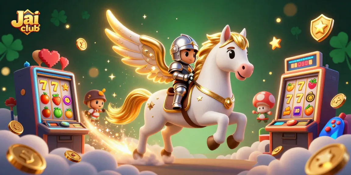 Engage thrillingly with Jai club's games as a knight rides a celestial horse through a gaming adventure.