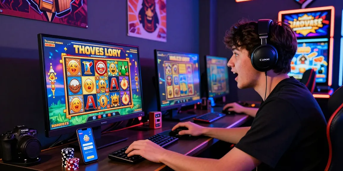 Exciting gaming scene with a player enjoying slot games on ngamenjitu with vibrant graphics and bonuses.