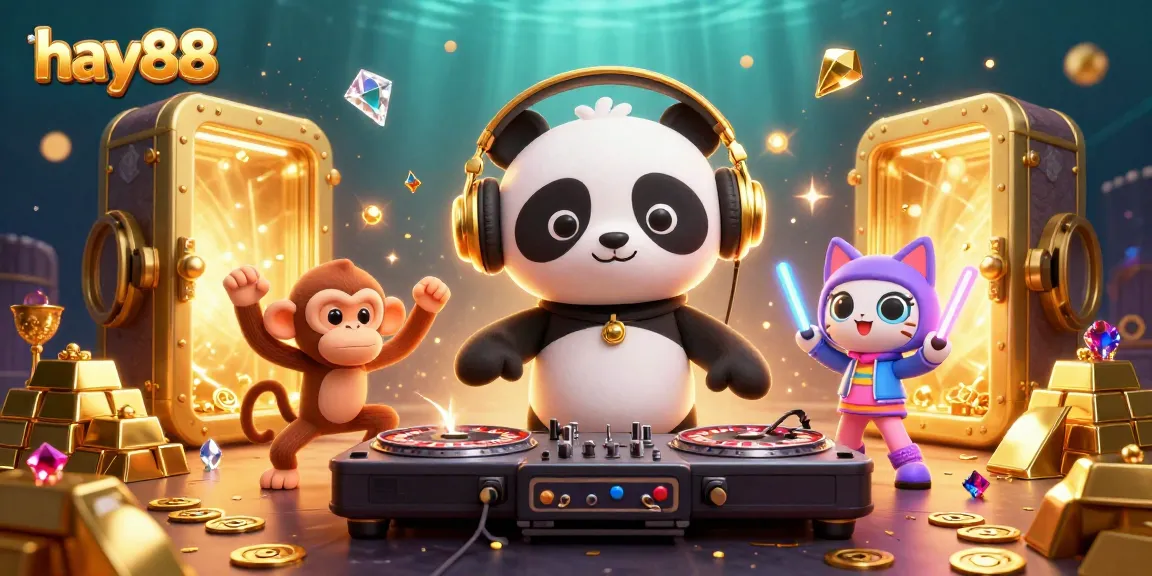 Experience the excitement of hay88 as the DJ panda spins on roulette wheels among treasures in a vibrant casino scene.