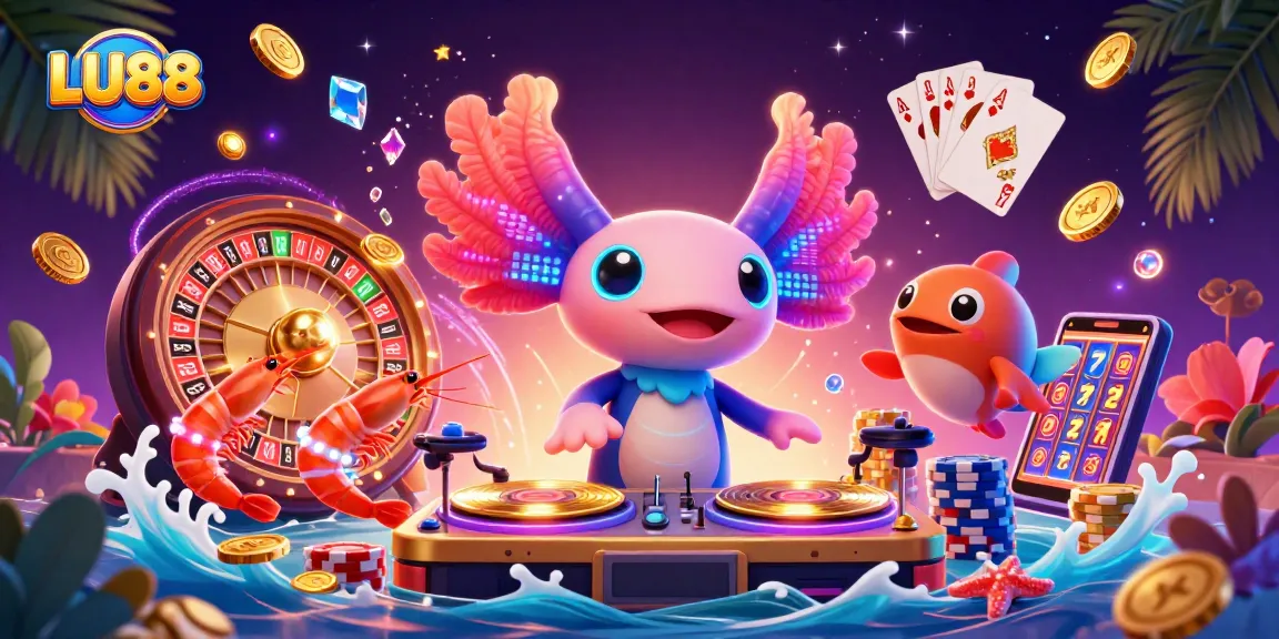 Spin the reels and win big at LU88 with vibrant casino-themed illustration featuring characters and game elements.