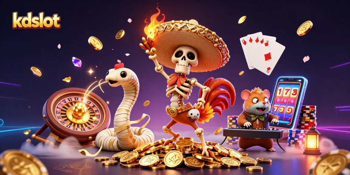 Kdslot showcases a vibrant 3D illustration with a festive casino theme, featuring a dancing rooster, mummy snake, and a DJ hamster.