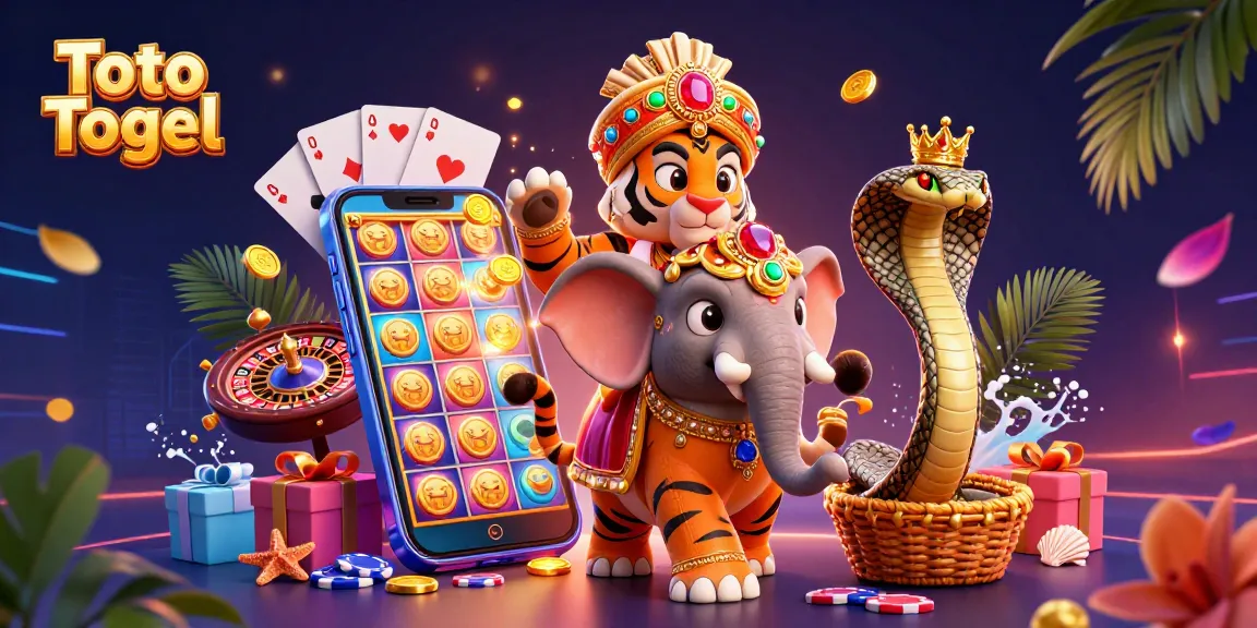 Toto Togel menghadirkan ilustrasi kasino dengan harimau maharaja, gajah, dan elemen slot.
