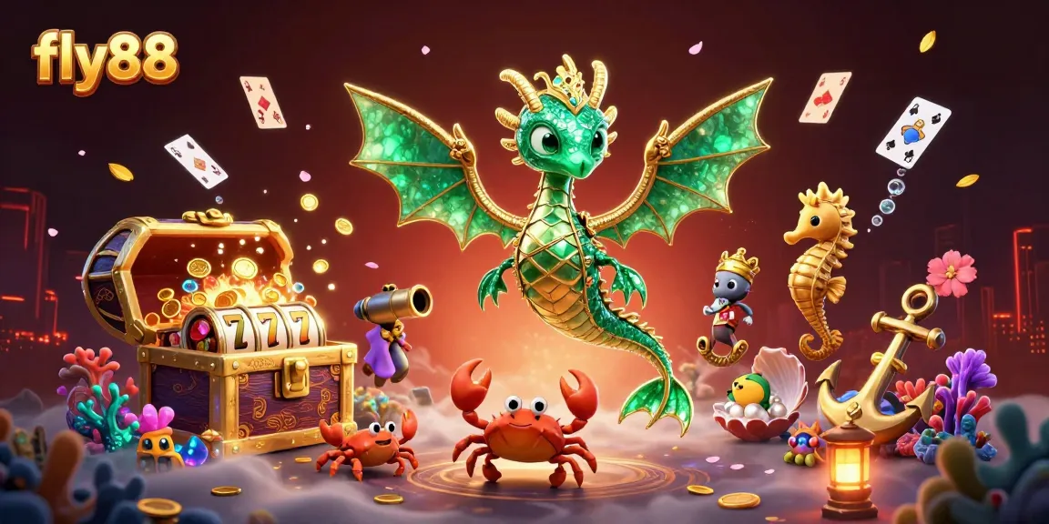 Experience excitement with fly88's underwater theme featuring a sea dragon and slot game elements.