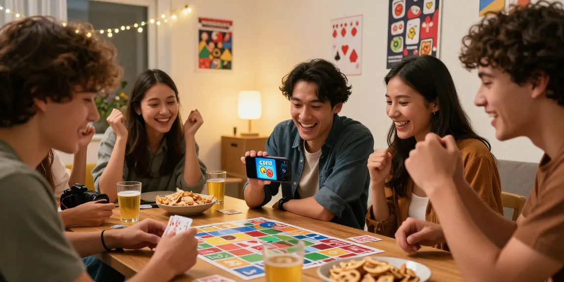 Friends gathering to download file and play Card Rummy on a smartphone during game night, capturing excitement and joy.