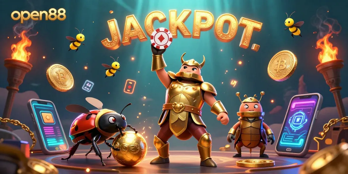 Spin to win at open88 with vibrant casino elements and a winning beetle champion.