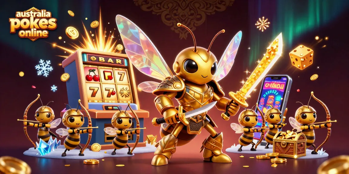 Australia pokies online vibrant scene with a golden hornet in samurai armor amidst explosive slot machine symbols.