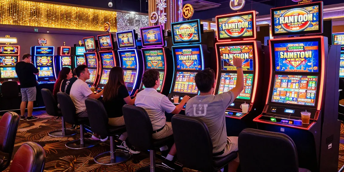Pengunjung merayakan kemenangan slot jackpot di kasino dengan mesin slot berwarna-warni.