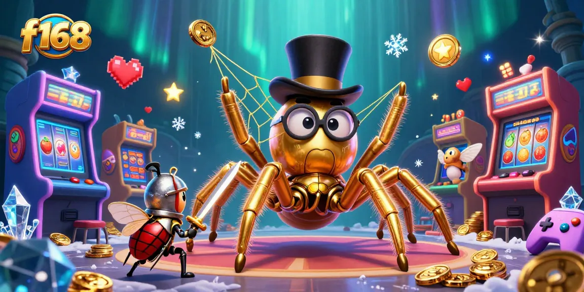 Experience thrilling gaming action at f168, featuring a vibrant casino scene with a giant tarantula and characters.