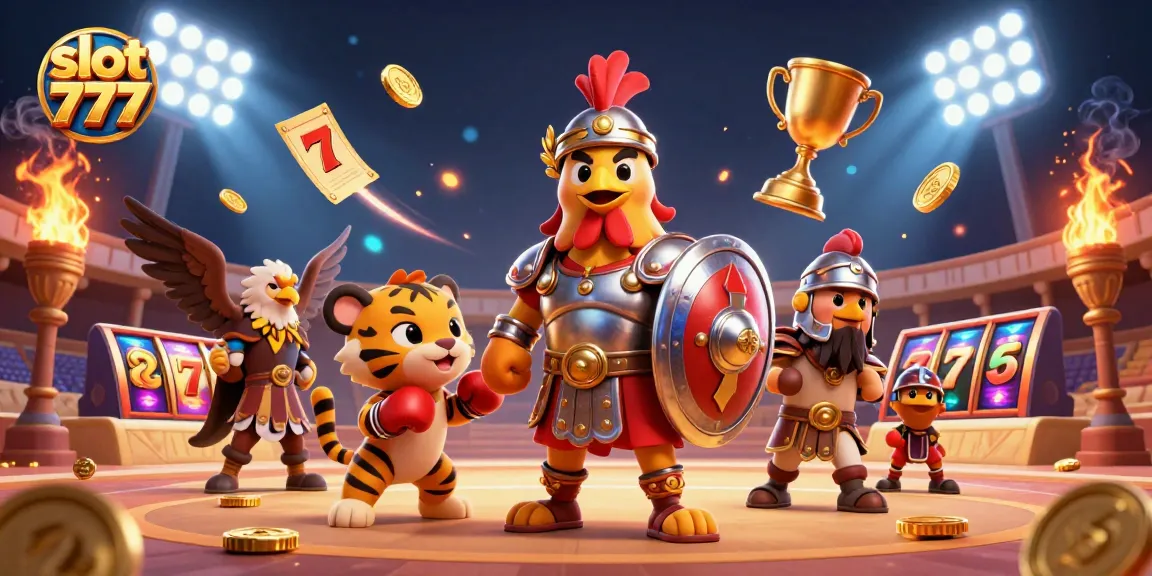 Spin the reels at slot 777, featuring a 3D gladiator rooster in a vibrant casino scene.