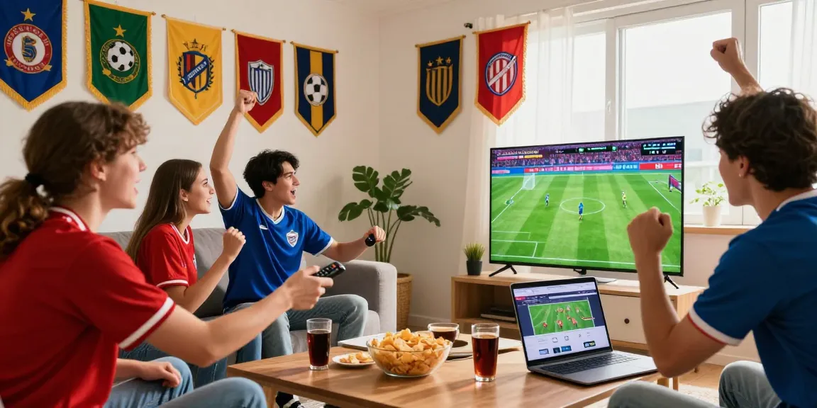 Friends enjoying Pelota Libre football match live in a vibrant living room.