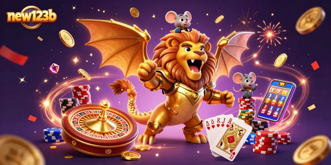 Experience the excitement of new123b casino with a vibrant 3D illustration showcasing game elements and characters.