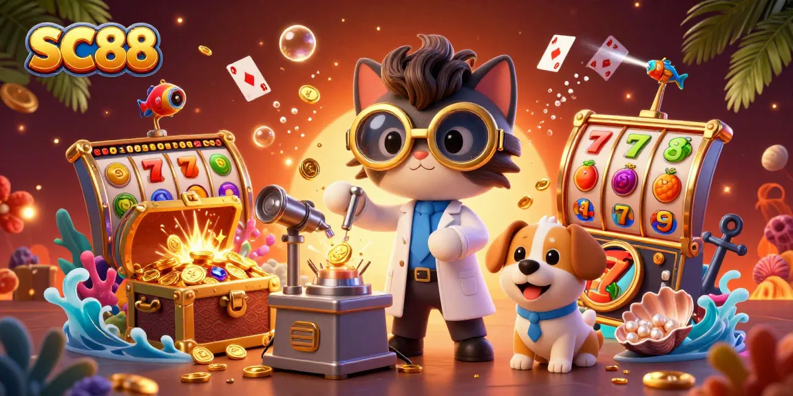 Engage with SC88's vibrant slot adventure through a 3D scene depicting a mad scientist cat creating a gold-coin machine.