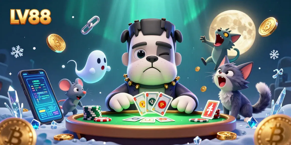 LV88 offers thrilling gaming with a 3D cartoon Frankenstein bulldog dealing cards and a ghost mouse.