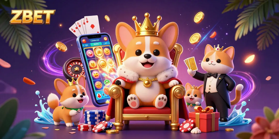 ZBET features an engaging scene with a royal corgi on a poker chip throne amid vibrant casino elements.
