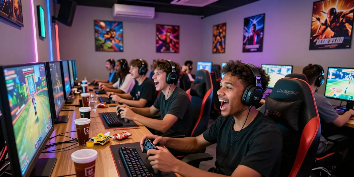 Players immersed in a competitive hitclub gaming match, vibrant screens, and lively atmosphere.