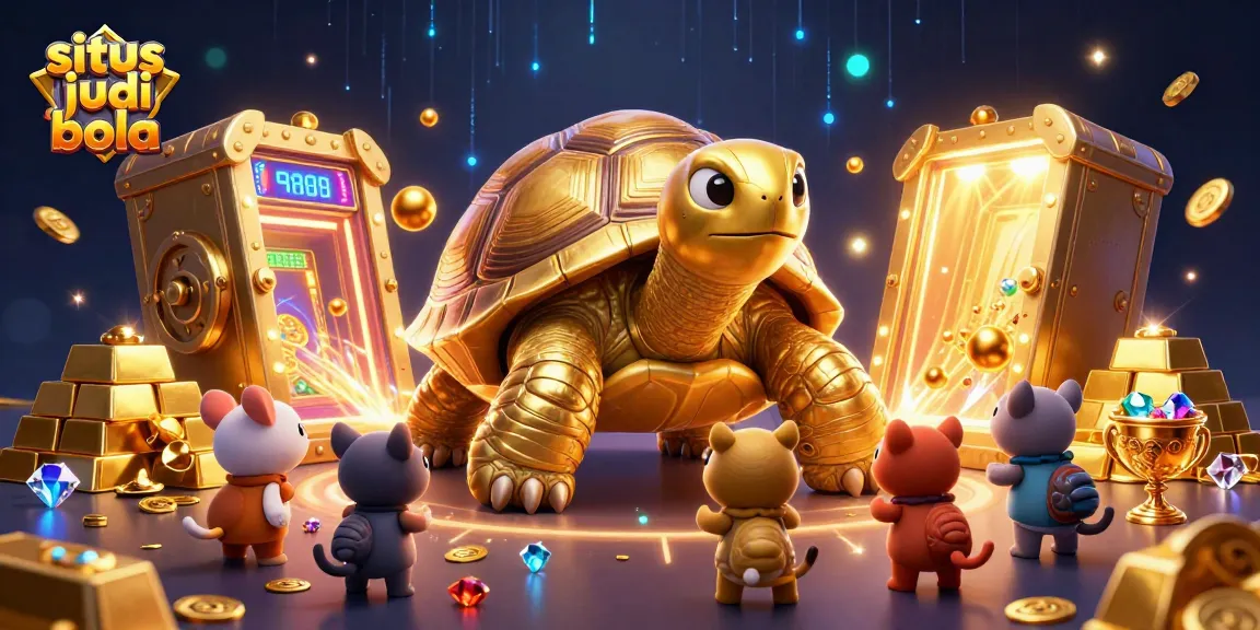 Engage in situs judi bola exciting action with golden tortoise gaming thrill amidst treasure and gems.