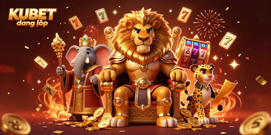KUBET đăng nhập offers a vibrant casino atmosphere with dynamic characters and slot machines.