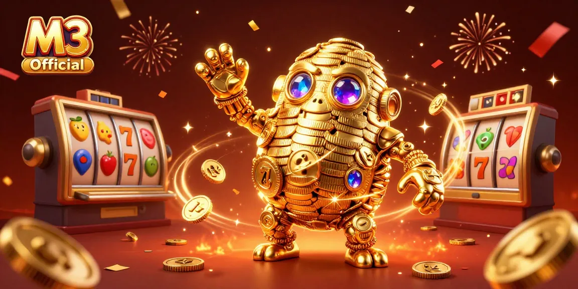 M3 Casino Official welcomes players to thrilling slot games with a vibrant golden golem, coins, and lively casino elements.