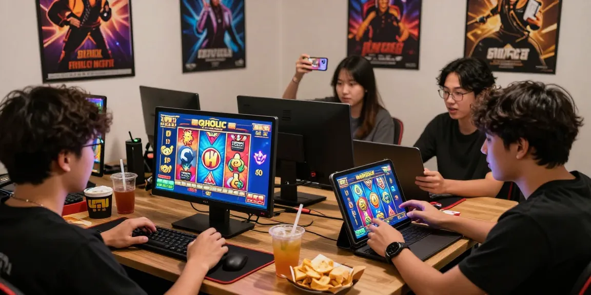 Players enjoying QQHOLIC Slot Gacor in a vibrant gaming setup with devices and snacks.